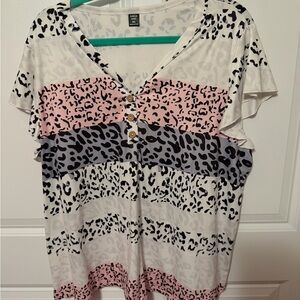 SHEIN Pink, Gray & White Leopard Stripe V-Neck Button Top